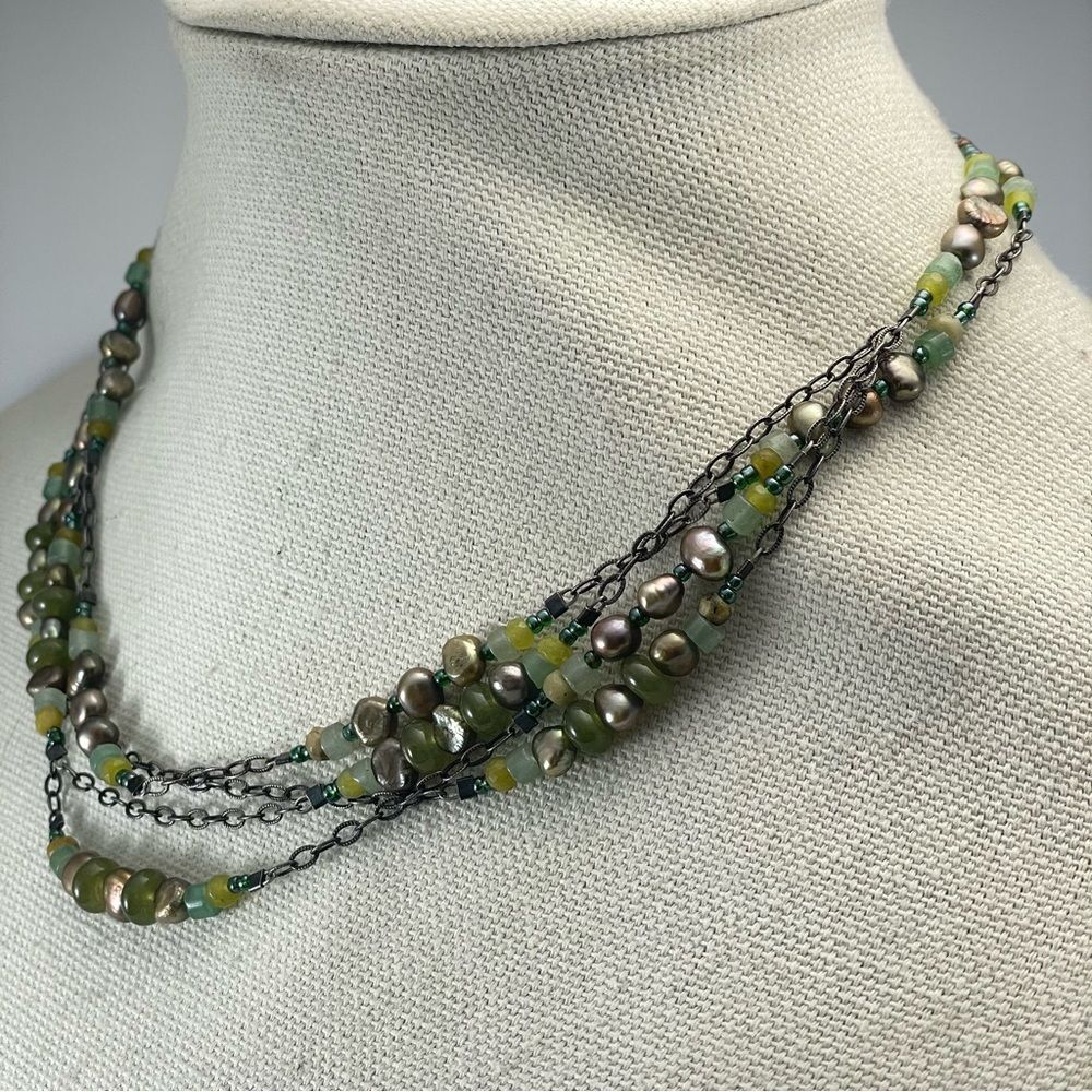 Silpada 3 Layer Sterling Silver Chain Seed Bead Green Pearl Necklace Statement - Picture 3 of 9